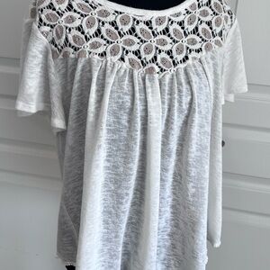 Cape Juby White Lace Yoke Blouse Swing T  Feminine Flirty Key Hole Back Large